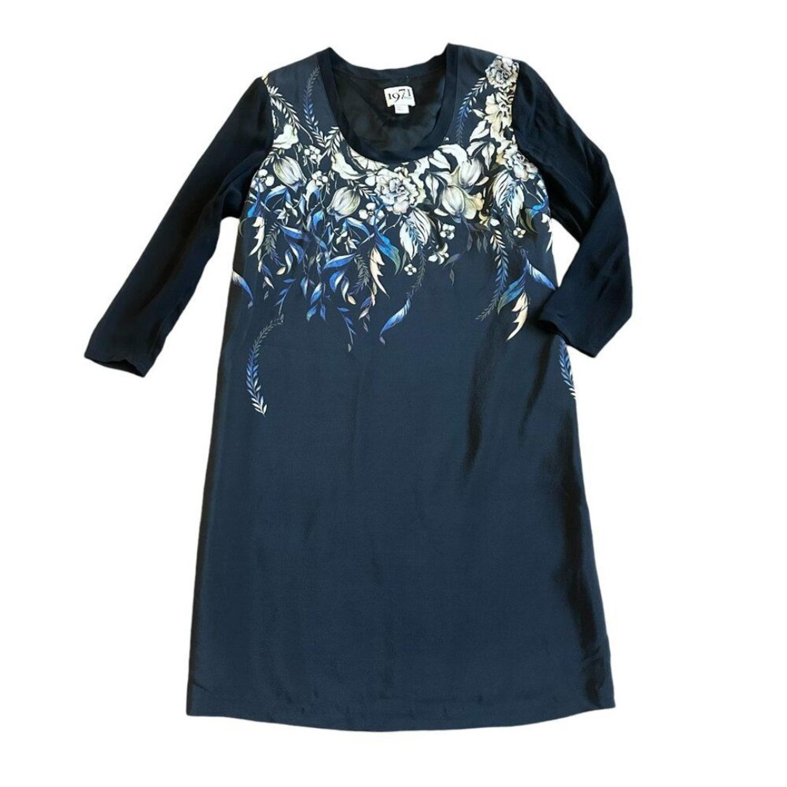 Reiss 1971 Black Silk Shift Dress Floral 3/4 Sleeve Flowy Party Size 4 Women's