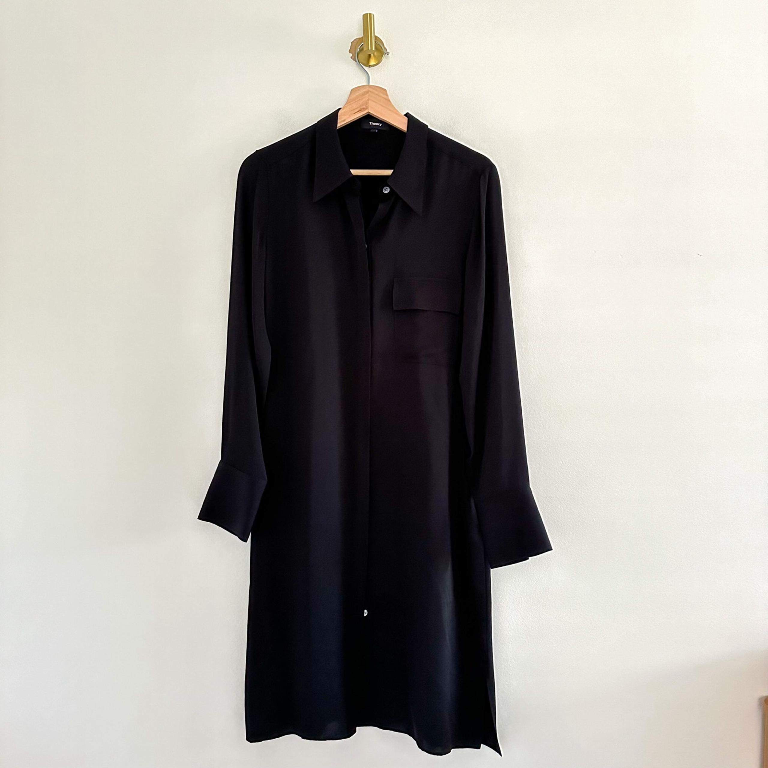 Theory Marbara Silk Modern Long Sleeve Shirt Dress Black 10