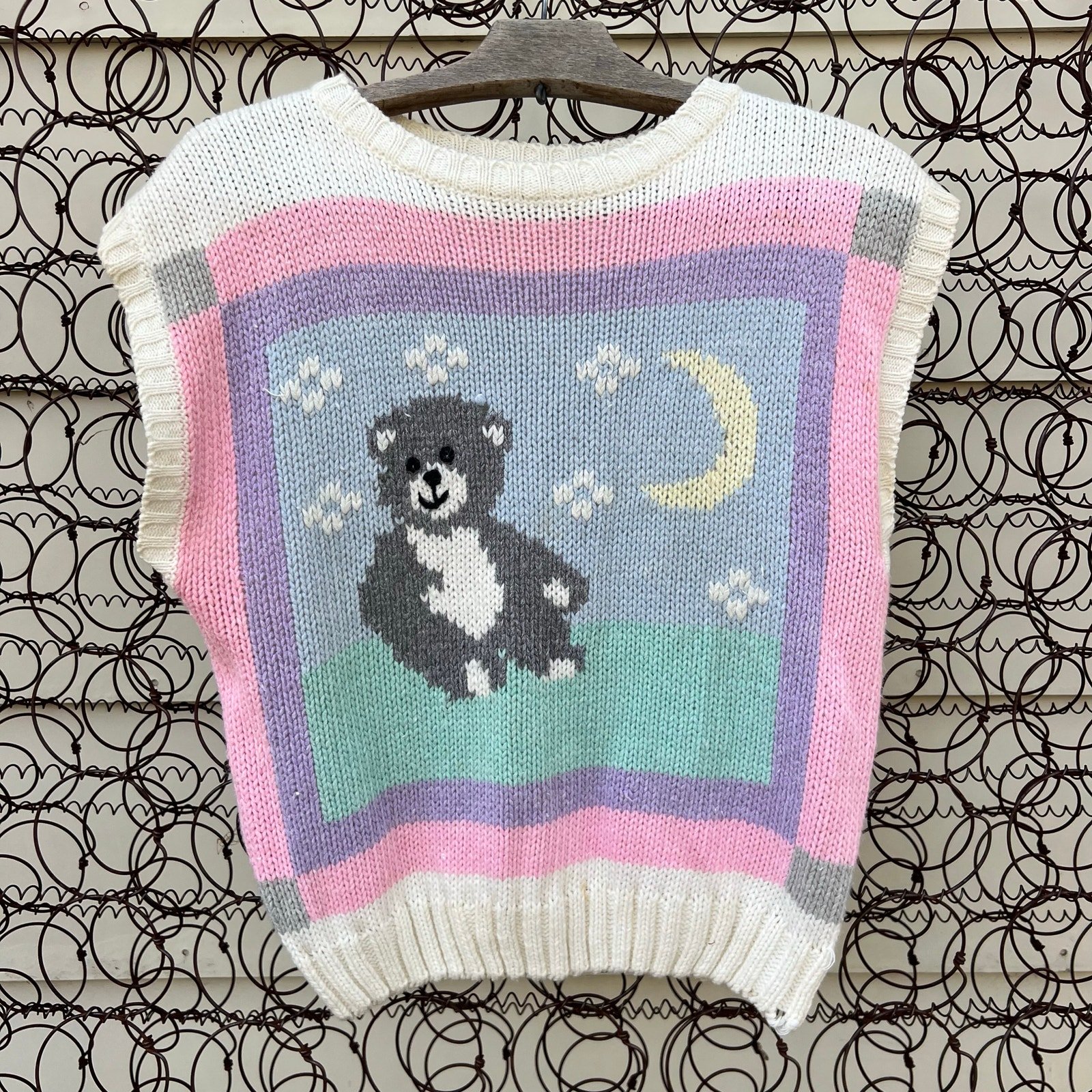 Vintage 80s Currants Pastel Faerie Kei Koala Teddy Bear Moon Knit Sweater Vest