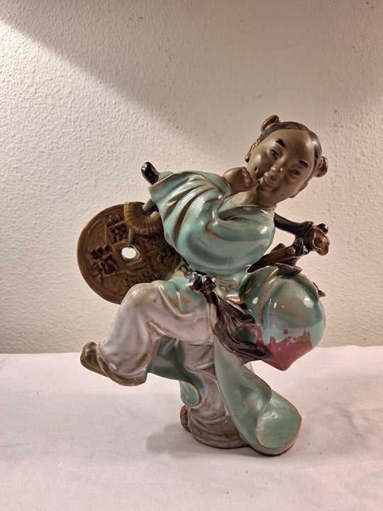 Vintage Collectible Chinese Shiwan Porcelain Sculpture Fortune Girl Figurine