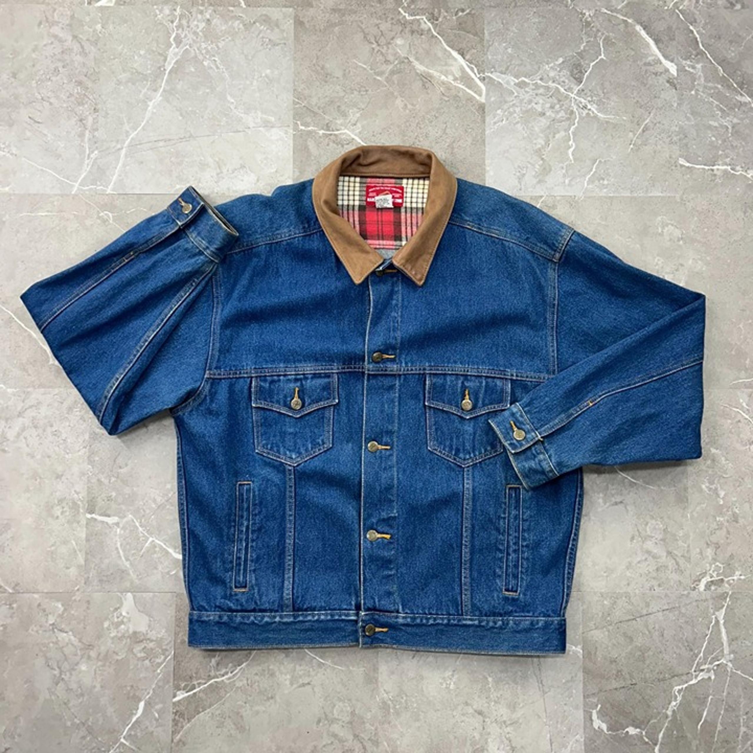 VINTAGE MARLBORO JEAN JACKET MENS XL COUNTRY STORE LEATHER COLLAR DENIM BLUE
