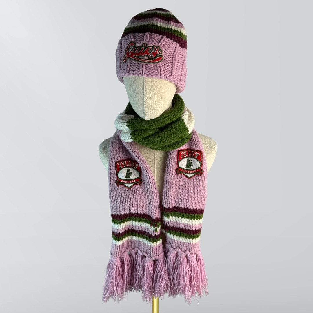 Vintage 2000s Juicy Couture Multi Color Striped Wool Hat & Scarf Set