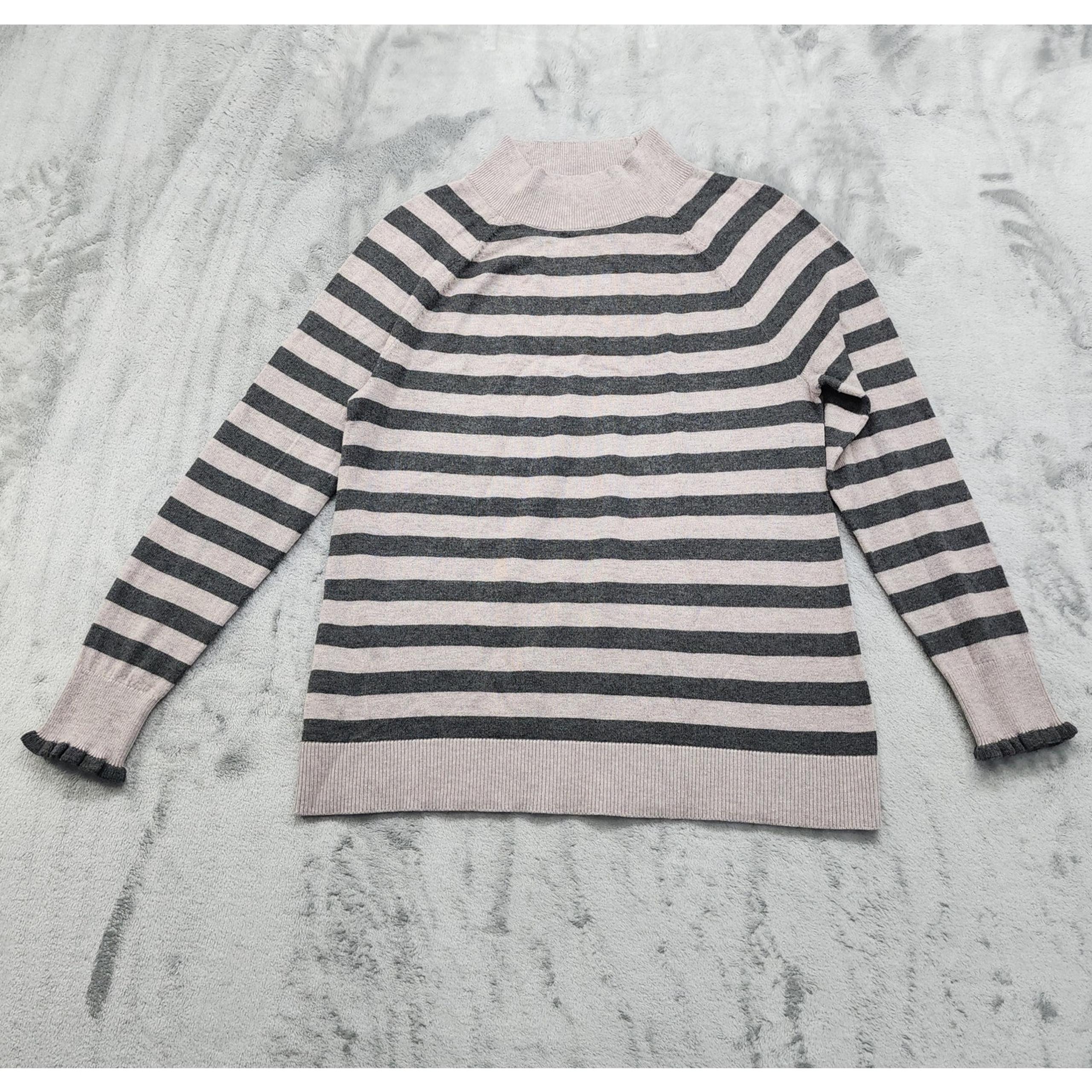 Loft Petites Sweater Womens Size SP Black Gray Striped Mock Neck Ruffle Sleeve