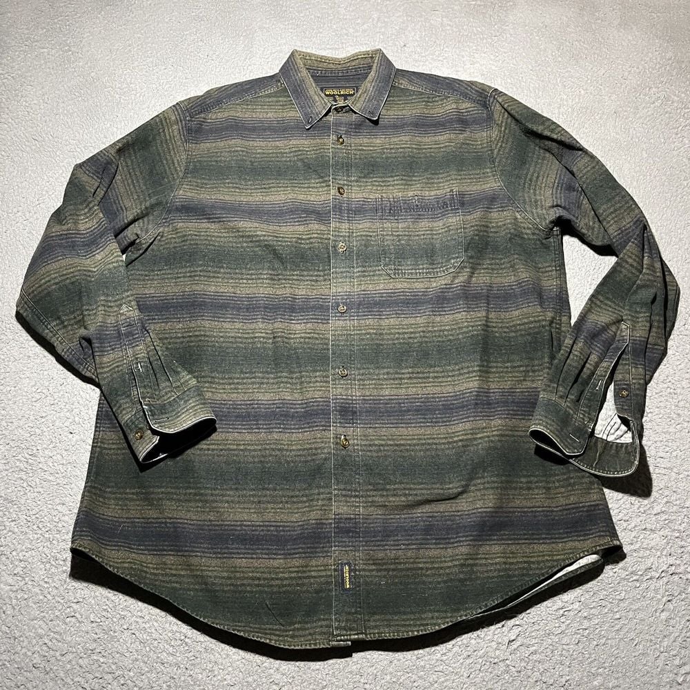 Vintage Woolrich Flannel Chamois Shirt Mens XXL Green Black Striped Long Sleeve