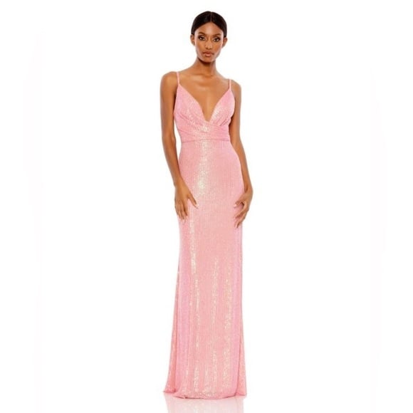 NWT Ieena for Mac Duggal Barbie Pink 26945 Plunging Neckline Sequin Dress sz 0