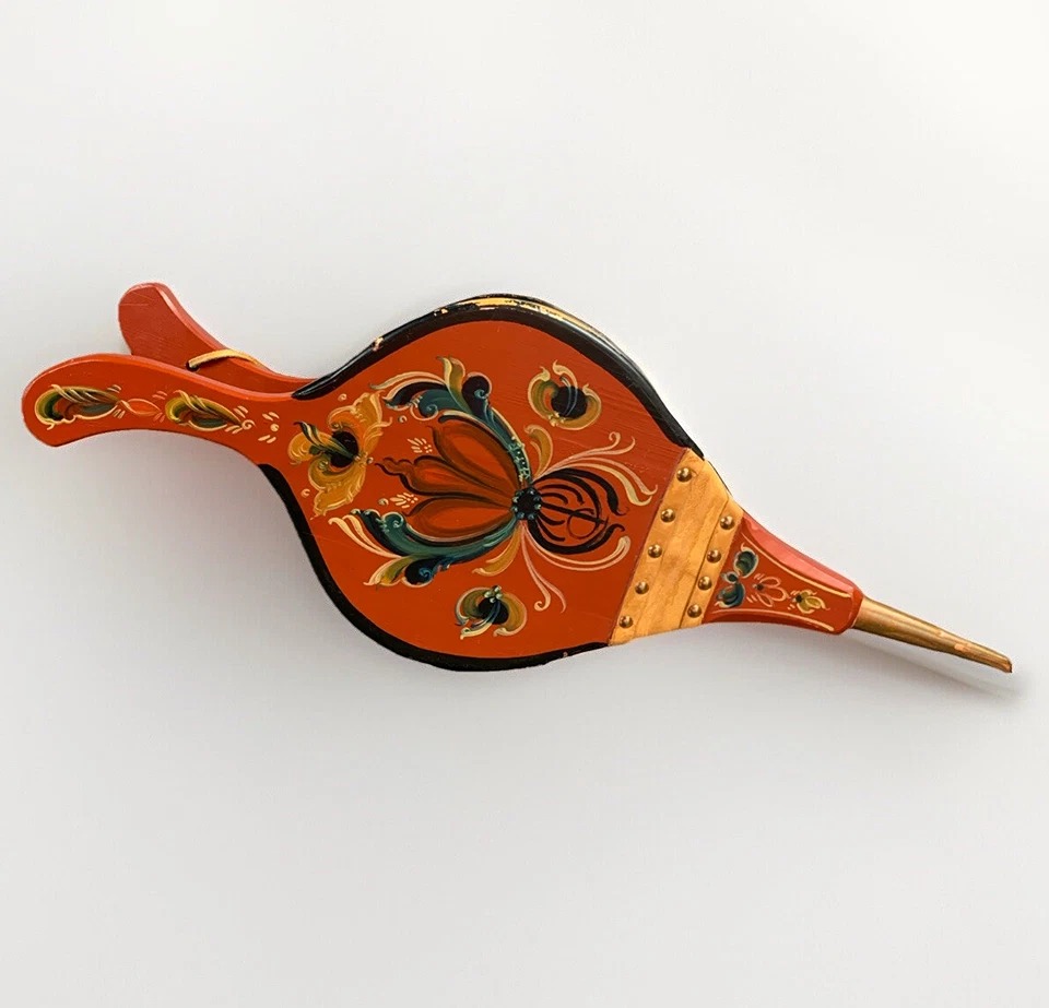 Nordic Folk Art Hand Painted Fireplace Bellows Wood Leather Brass Floral Working
