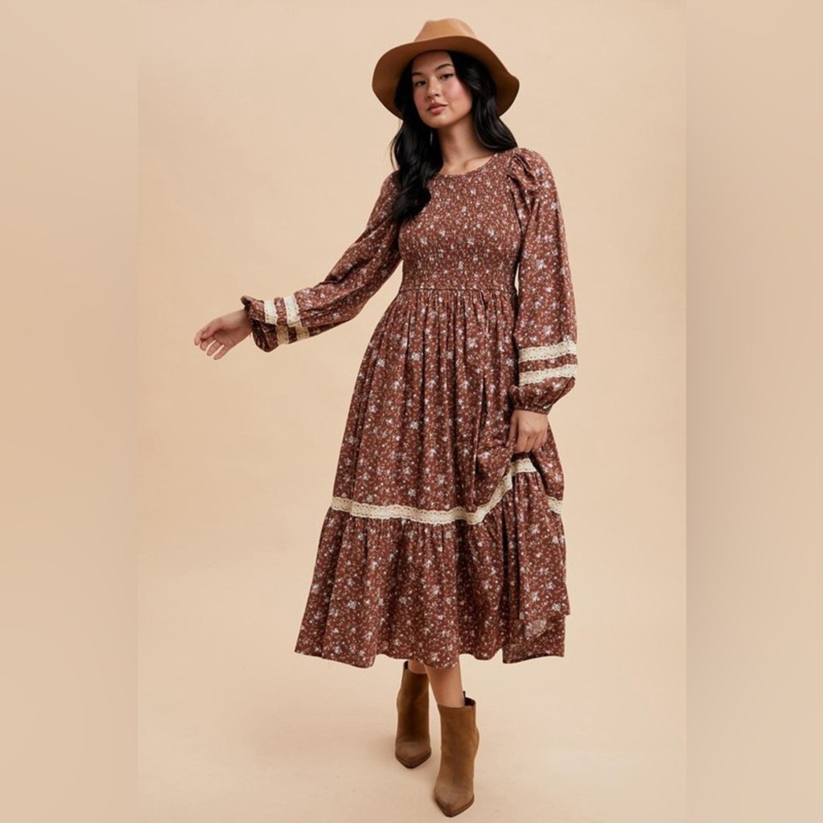 Smocked Floral Mocha Vintage Wash Cotton Maxi Dress