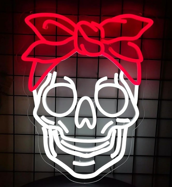 Fun Bright White Skull with Red Bonnet LED Night Light Room Wall Decoration