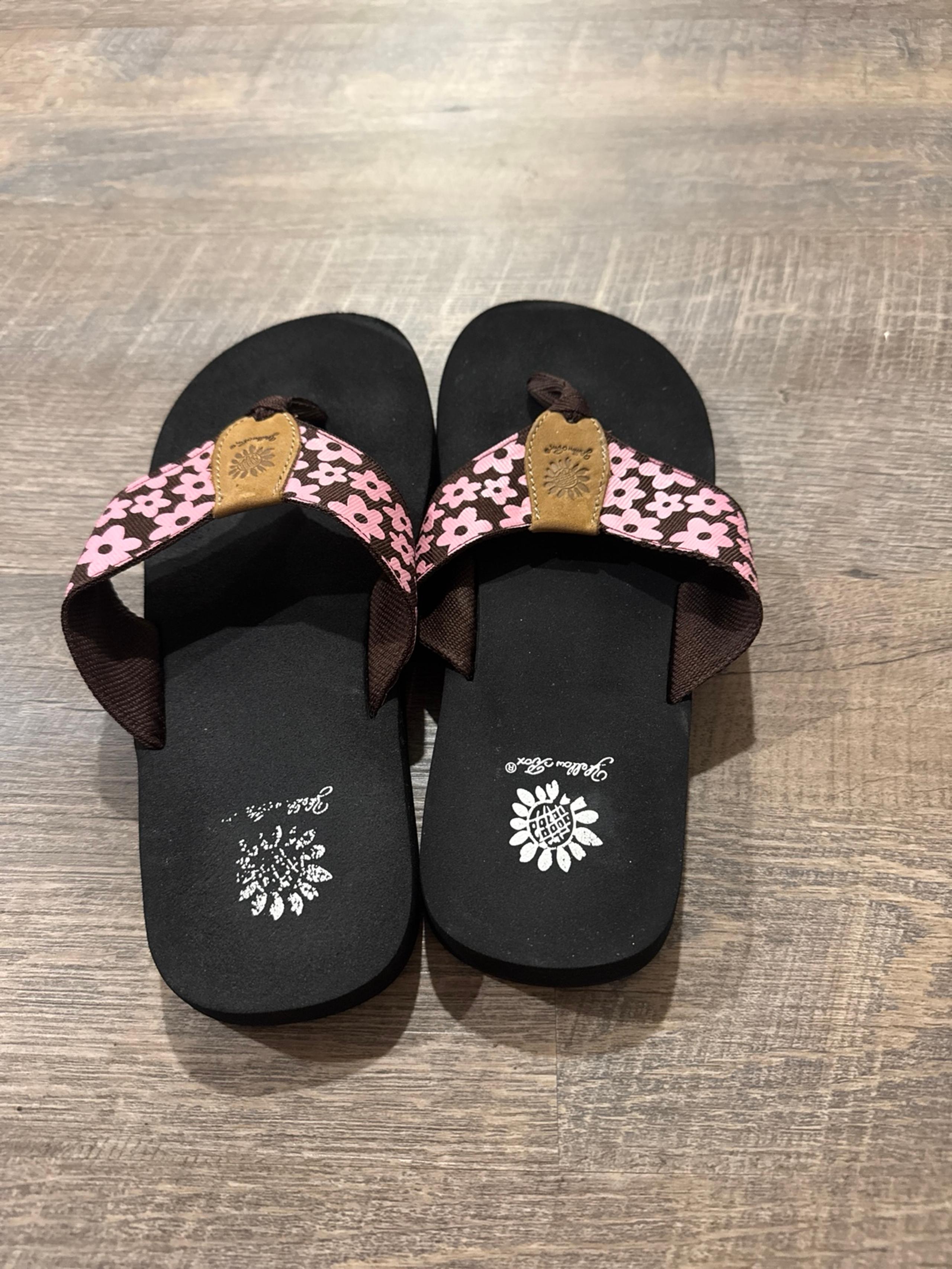 Yellow Box pink and brown flip flops