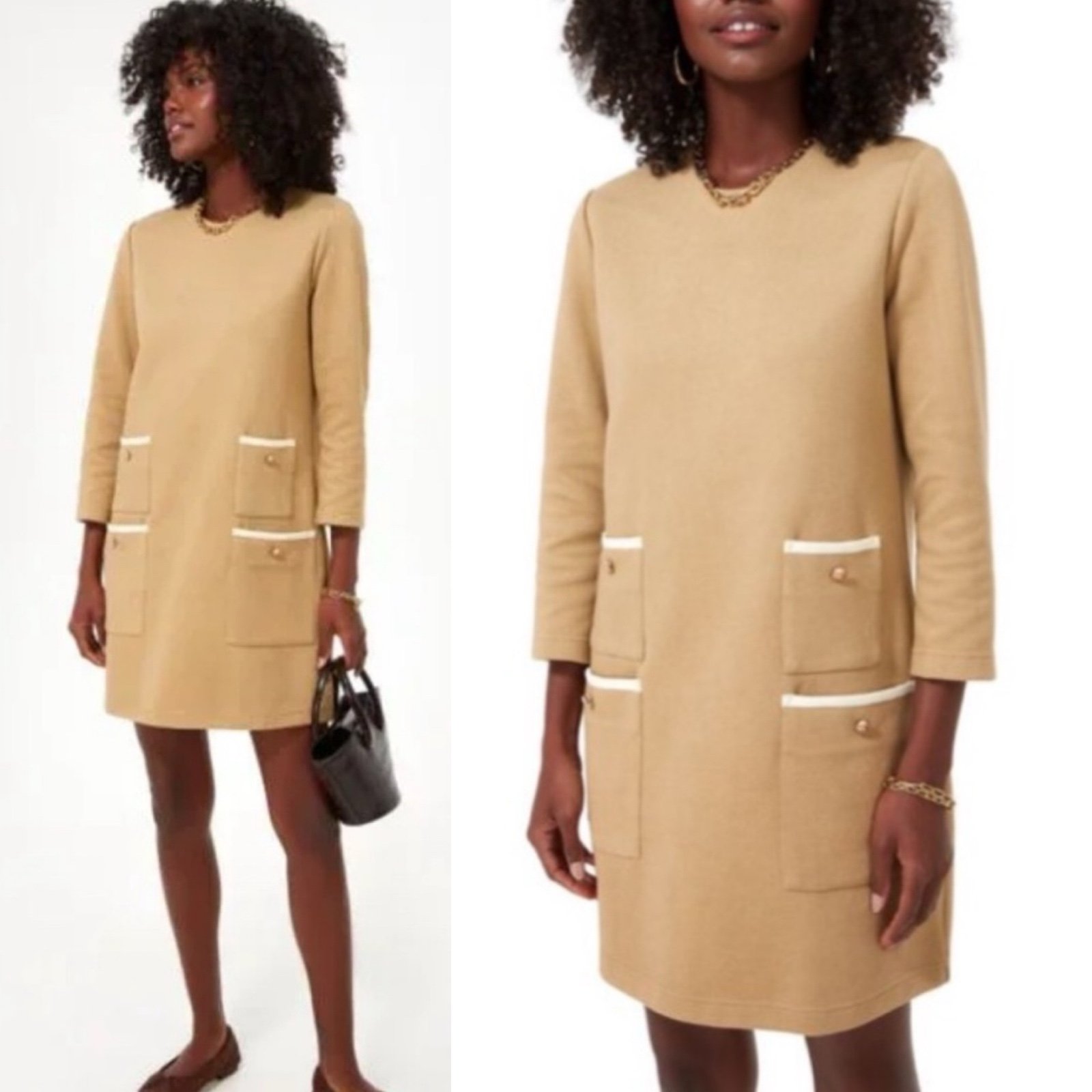 Tuckernuck NWT Croissant Francoise Mod Mini Dress Large tan camel long sleeve