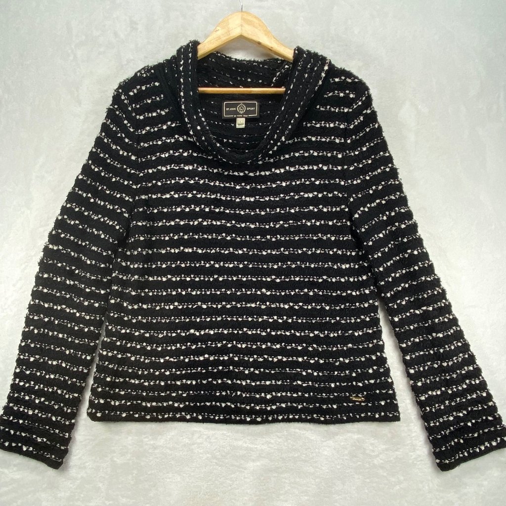 St. John Sport Cowl Neck Knit Sweater Striped Black White Wool Blend L