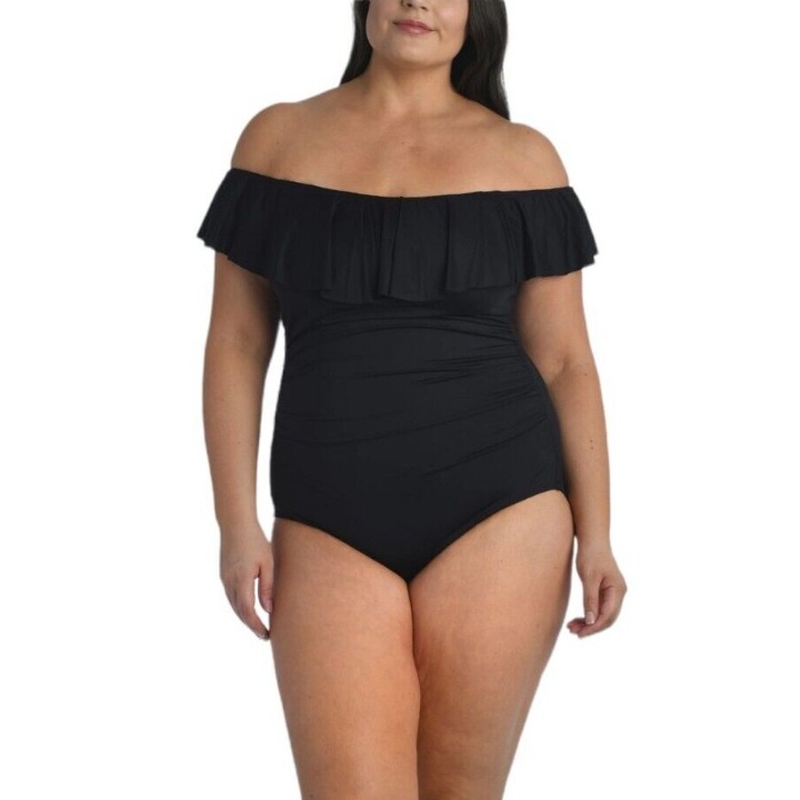 La Blanca Island Goddess Off Shoulder Ruffle One Piece Swimsuit Sz 12