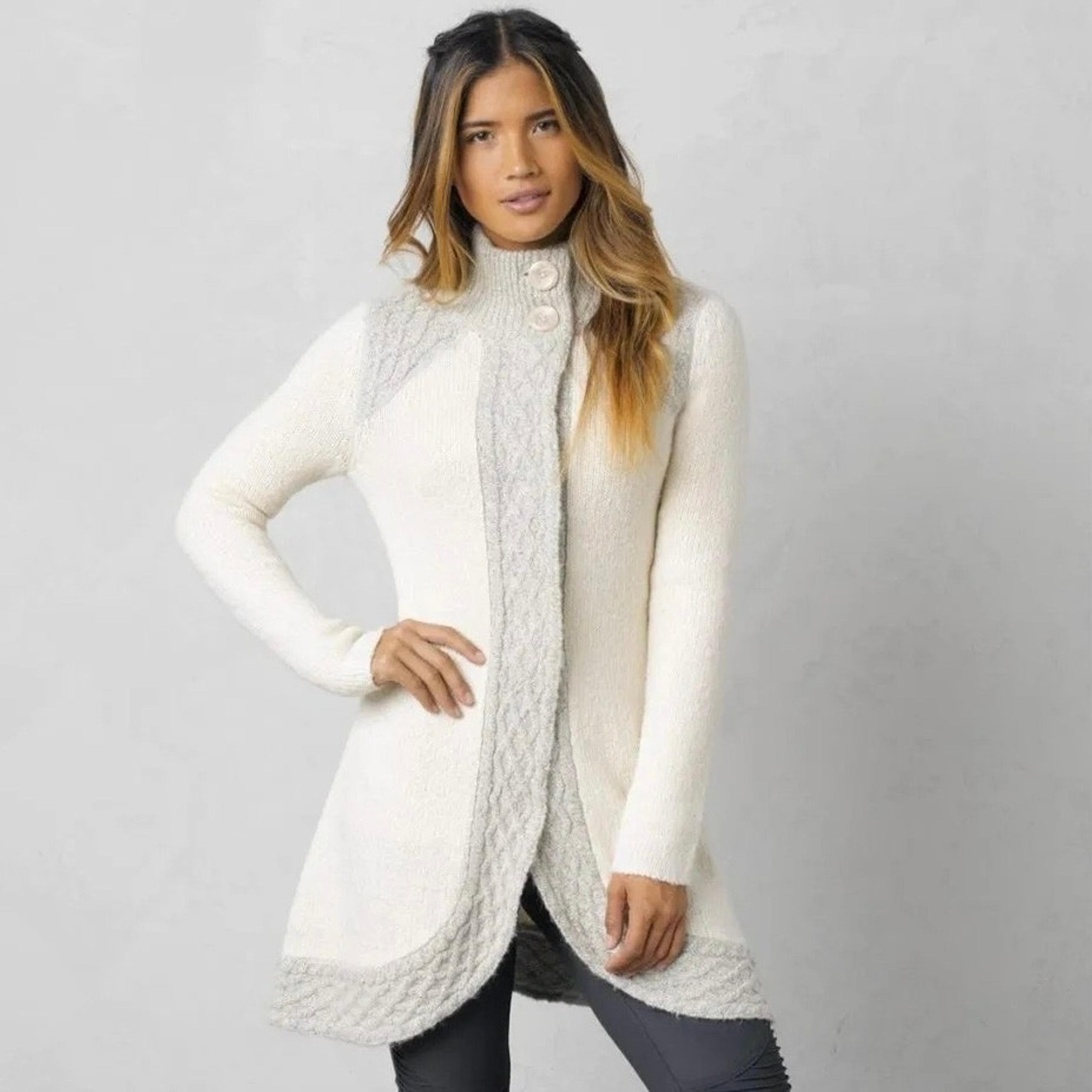 Prana Angelica Duster Cardigan Cable Knit Sweater Ivory Gray Jacket Long Sz L