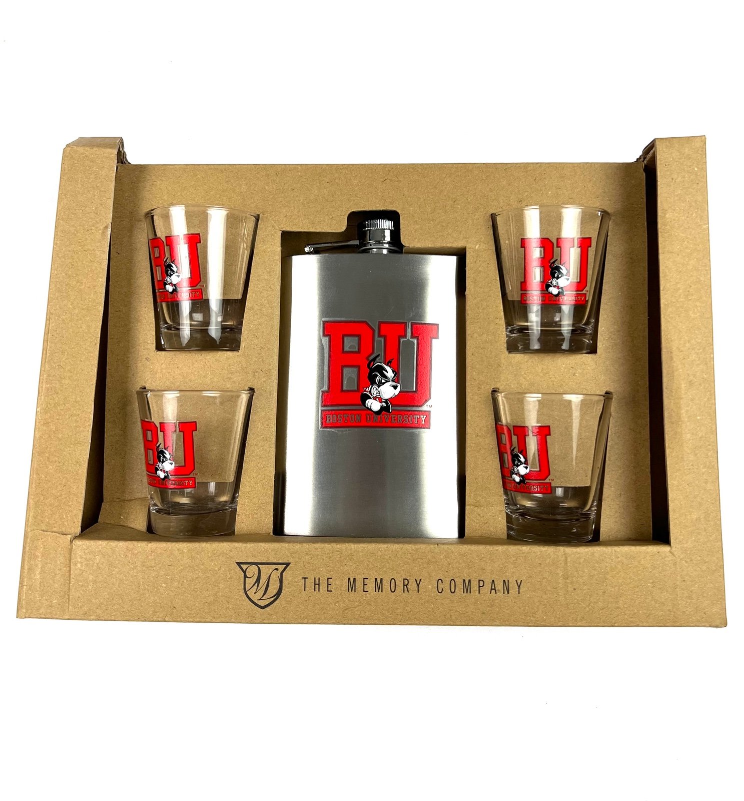 BU Boston University 8oz. Stainless Steel Flask & Four 2oz. Shot Glass Set