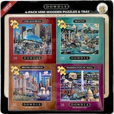 4-Pack Mini Wooden Puzzles & Tray - American Cities Set, 250 Piece Each, Assem