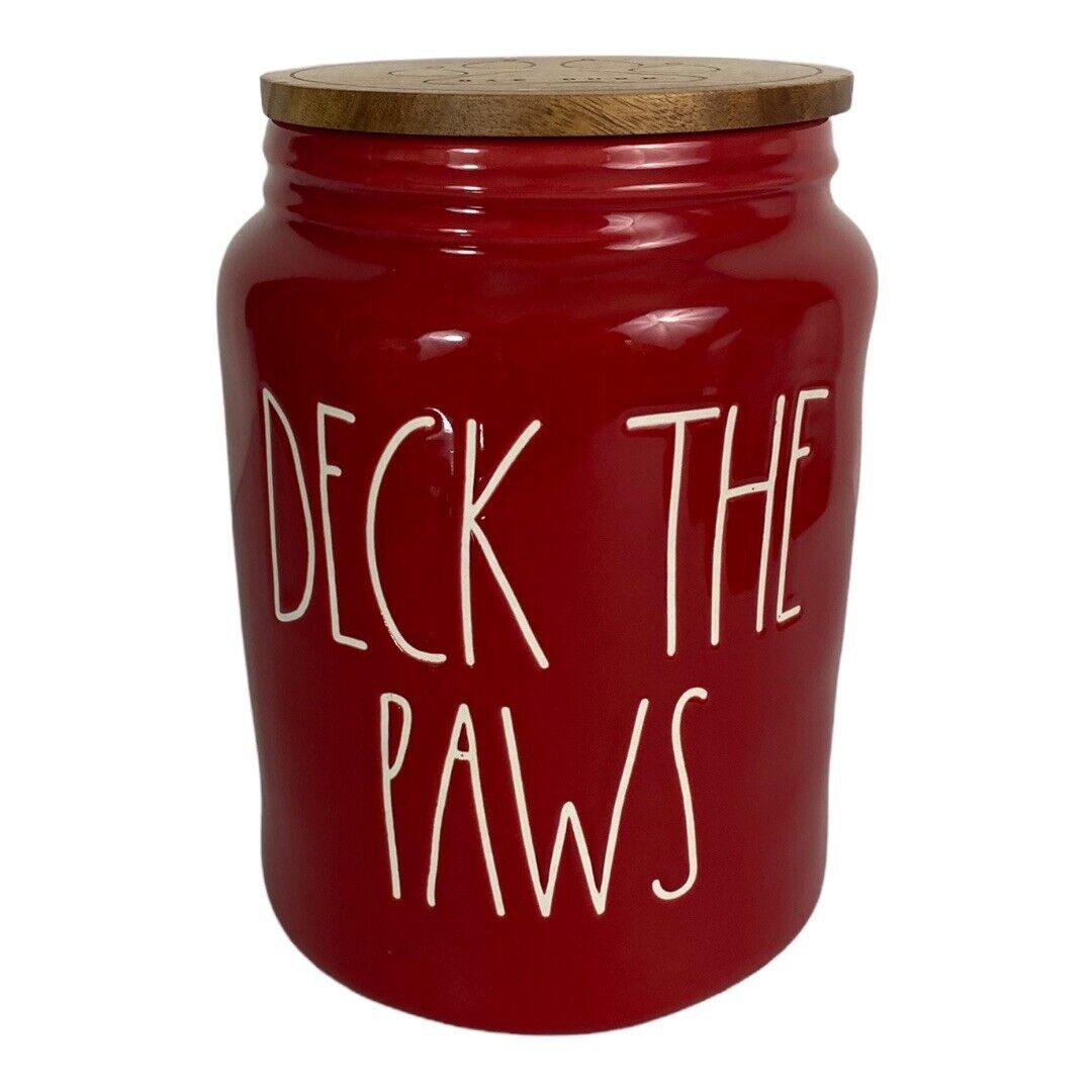 Rae Dunn Christmas Dog Red Ceramic Canister Jar “DECK THE PAWS” Wooden Lid 8.5