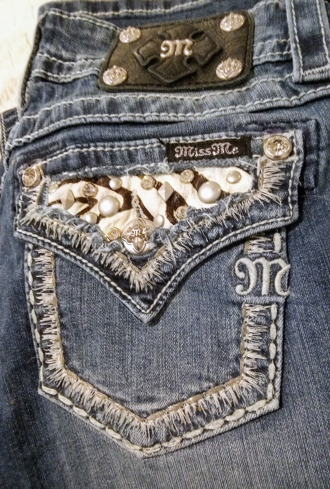 MISS ME JEANS Size 27 bootcut Leather ZebrA Stripes Silver BLING Studded Pockets