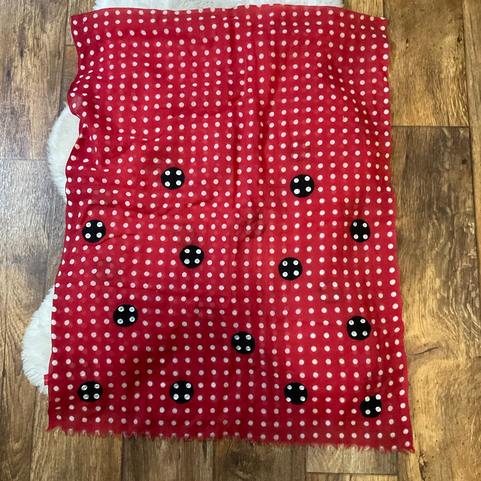 Amet & Ladoue 100% Wool Lightweight Scarf Red White Polka Dot Black 68”X27”