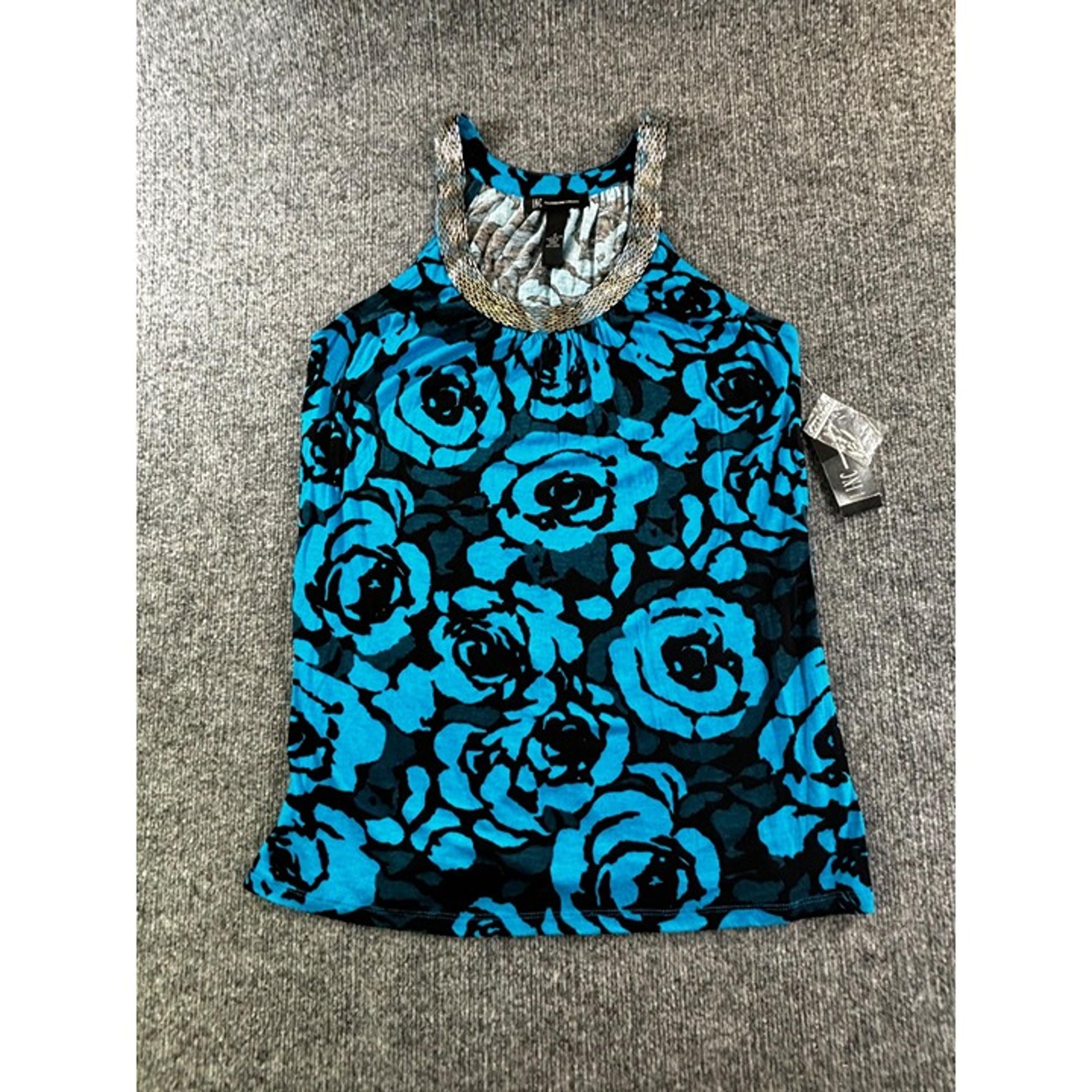 INC International Concepts  women's size Medium Blue Black Floral Sequin Top