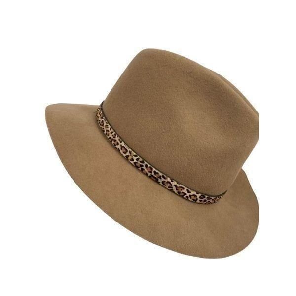 Anna and Ava 100% wool felt fedora tan hat with animal print