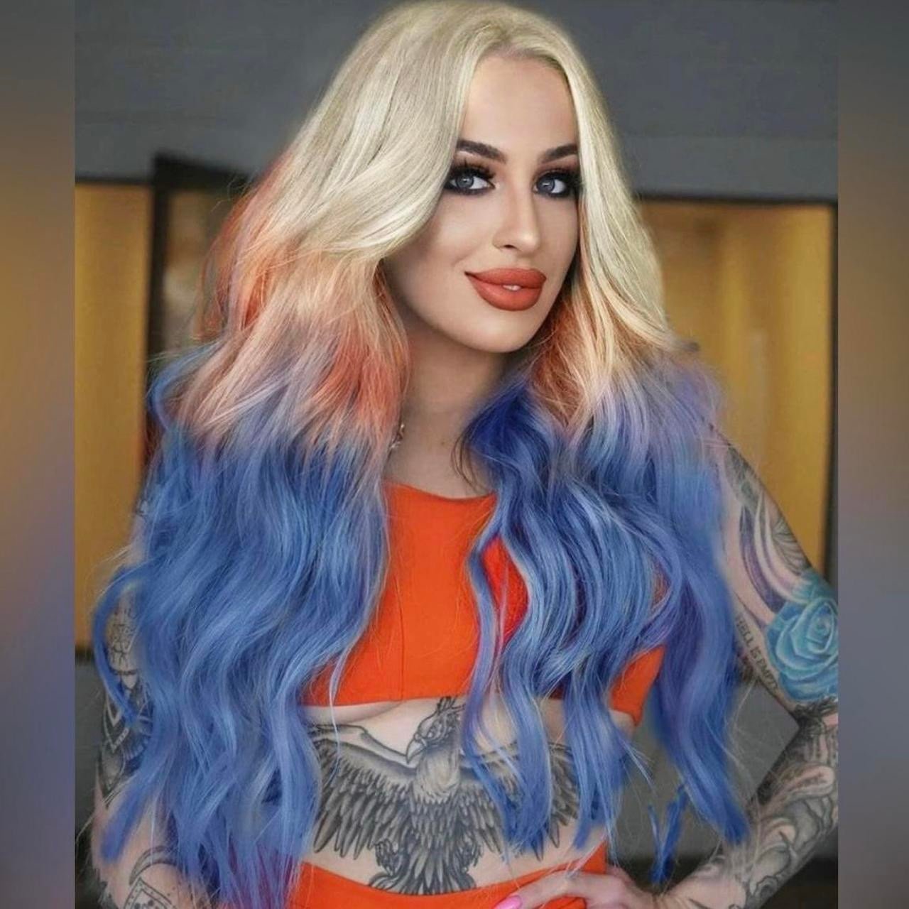 Human hair blend blonde/pink/blue lace part wig