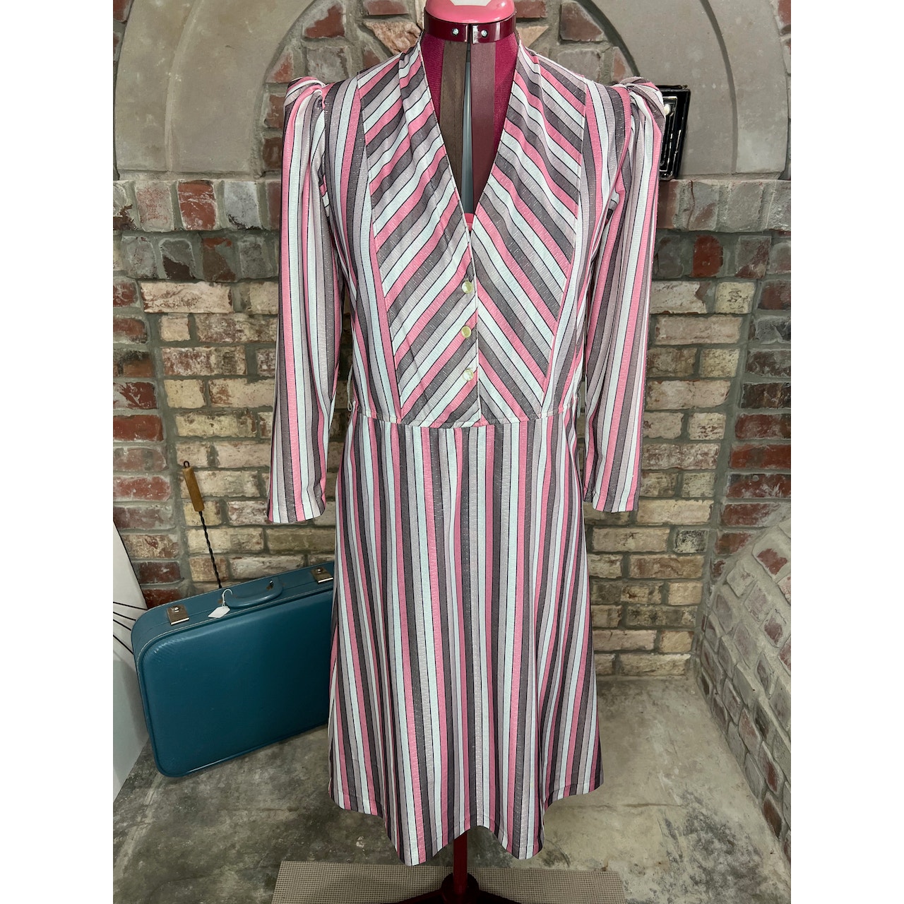 dress long sleeved v neck striped puff long sleeves pink gray tan barbiecore