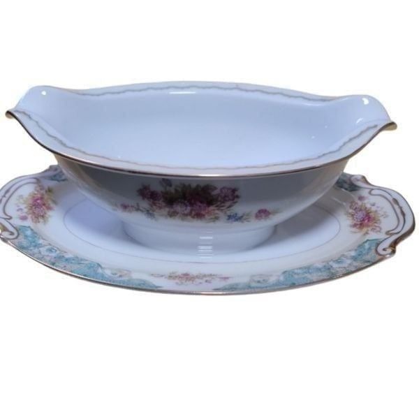 Vintage Jyoto China Gravy Boat with Attached Underplate