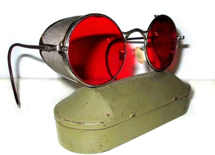 Antique WWII Red Welsh Goggles Sunglasses Spectacles Vtg Old Steampunk Glasses