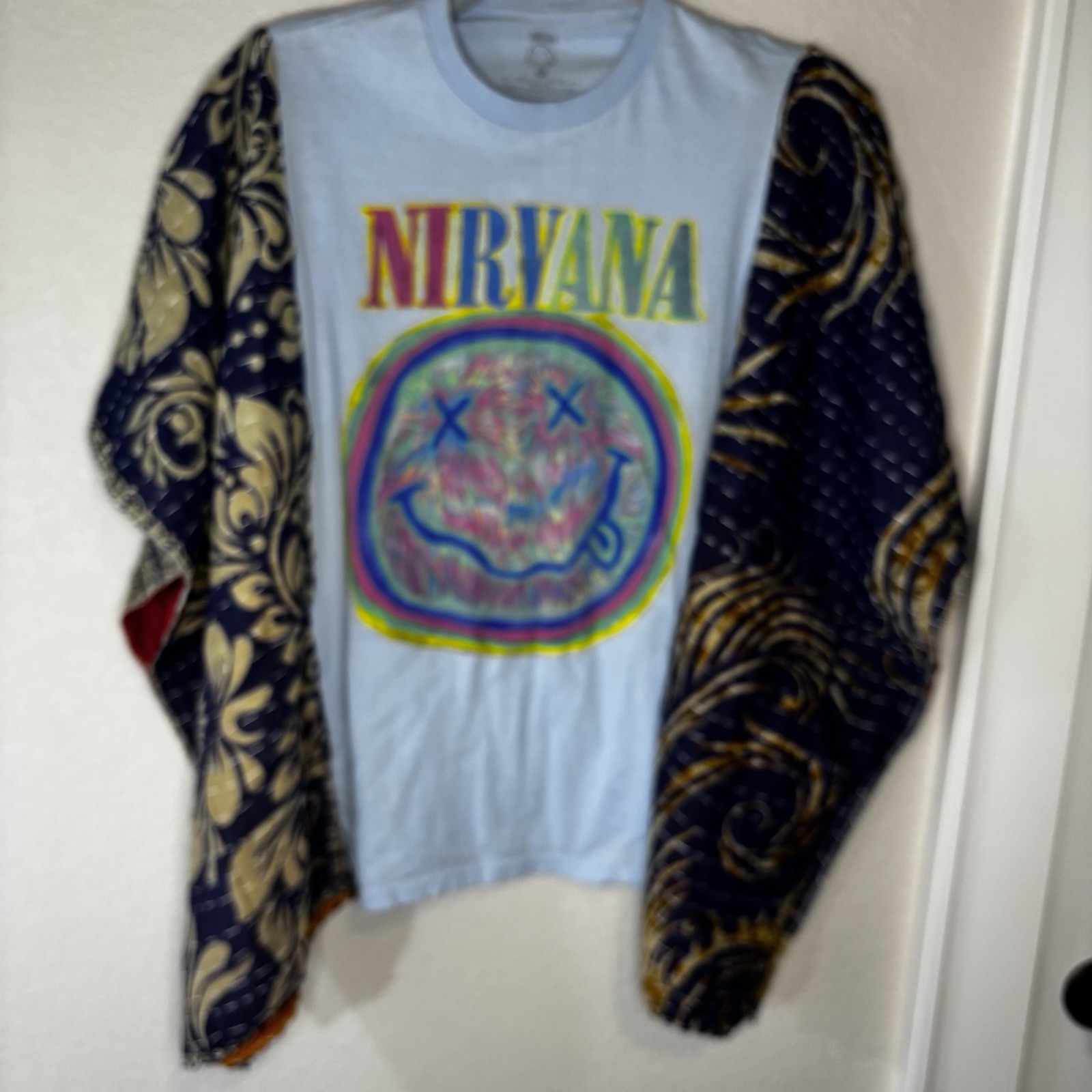 New Custom Nirvana Tshirt Upcycled With Kantha Quilt Women's Poncho Top One Size