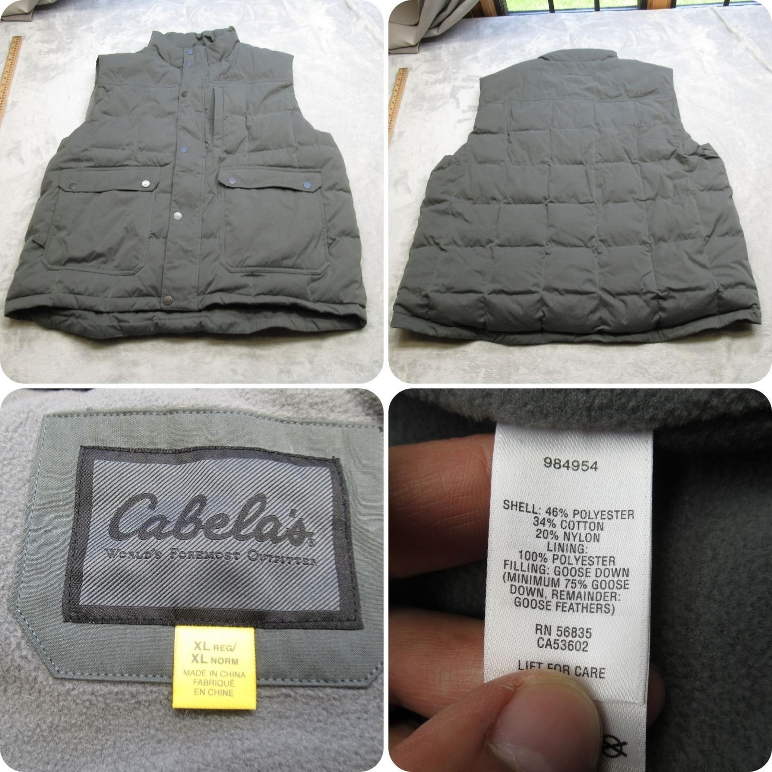 Cabelas Down Vest Mens Medium Green Fleece Lined Full Zip Insulated Puffer Warm