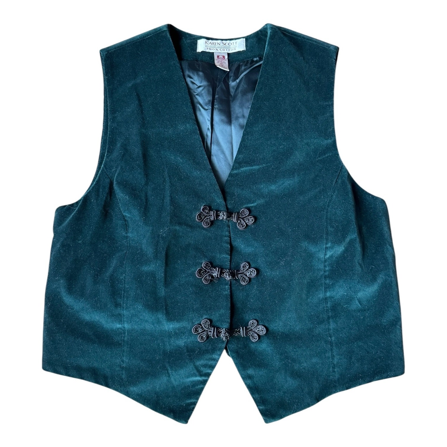 Vintage Green Velvet Vest with frog toggle front Karn Scott size medium
