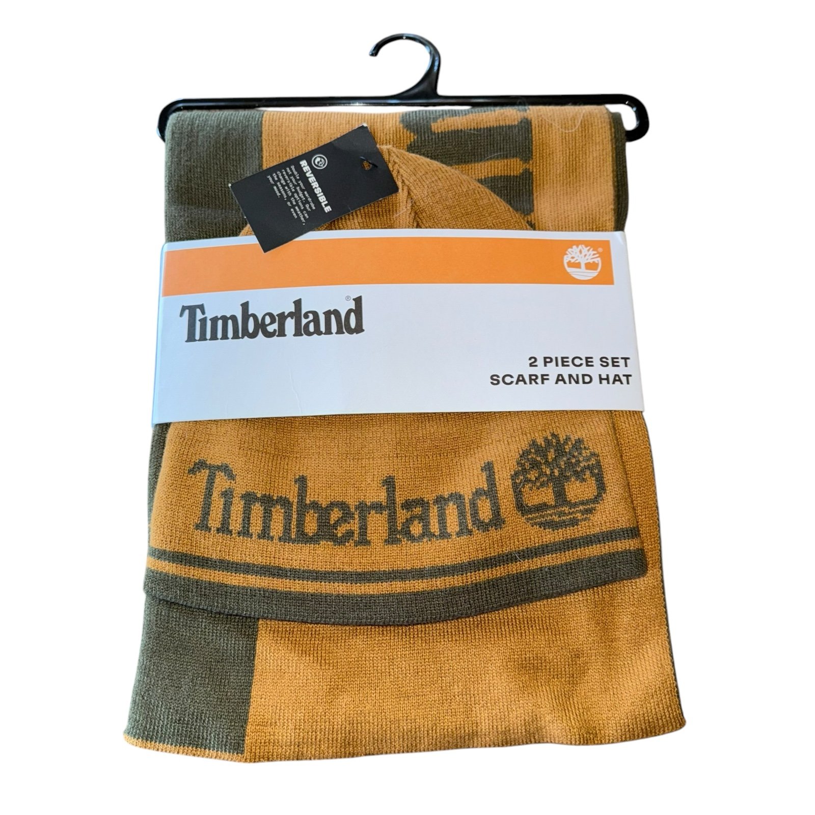 NWT Timberland Logo Jacquard Hat and Scarf Set Mens Brown Green Reversible