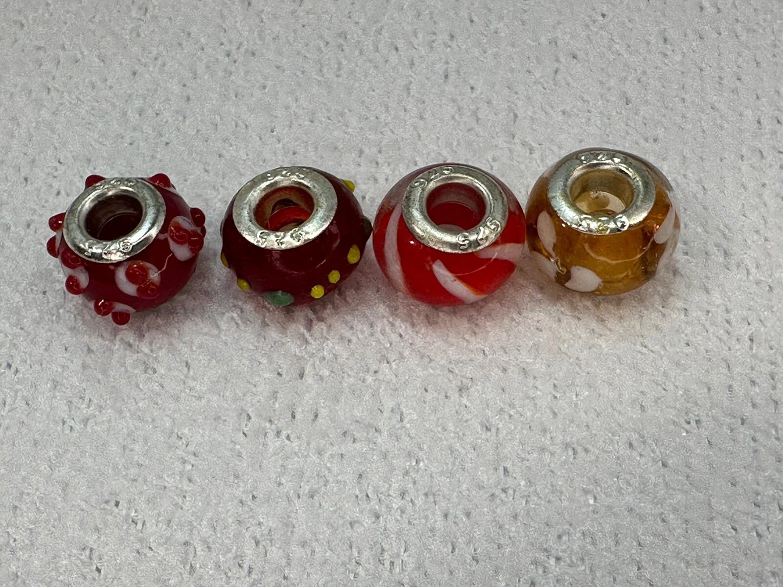 4-Sterling Silver 925 Red & Yellow Glass Murano Pandora Inspired Bead Charms