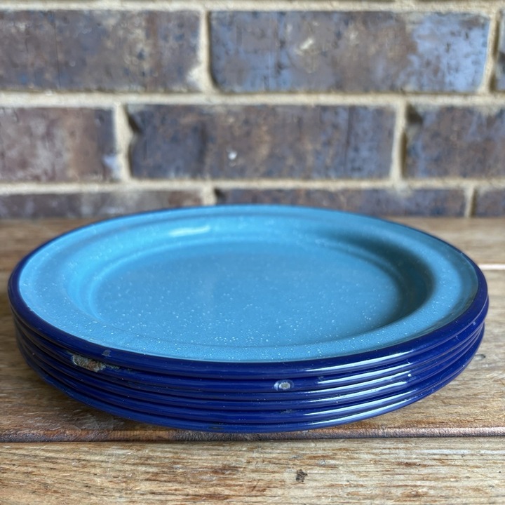 6 Vintage Aqua Turquoise Navy Rim Enamelware Farmhouse Lunch Plates 8.5 in READ