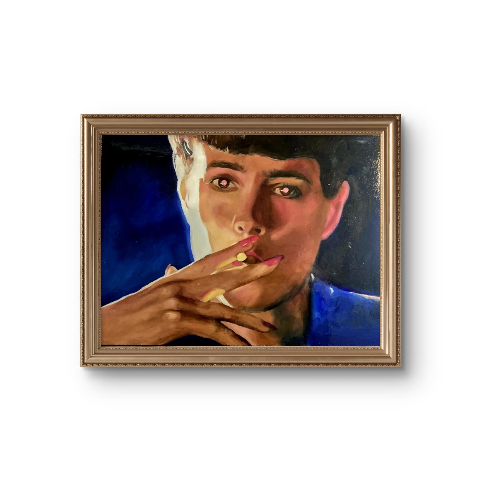 Blade Runner 1982 Oil painting of Rachael smoking a cigarette 9x12 on wood panel