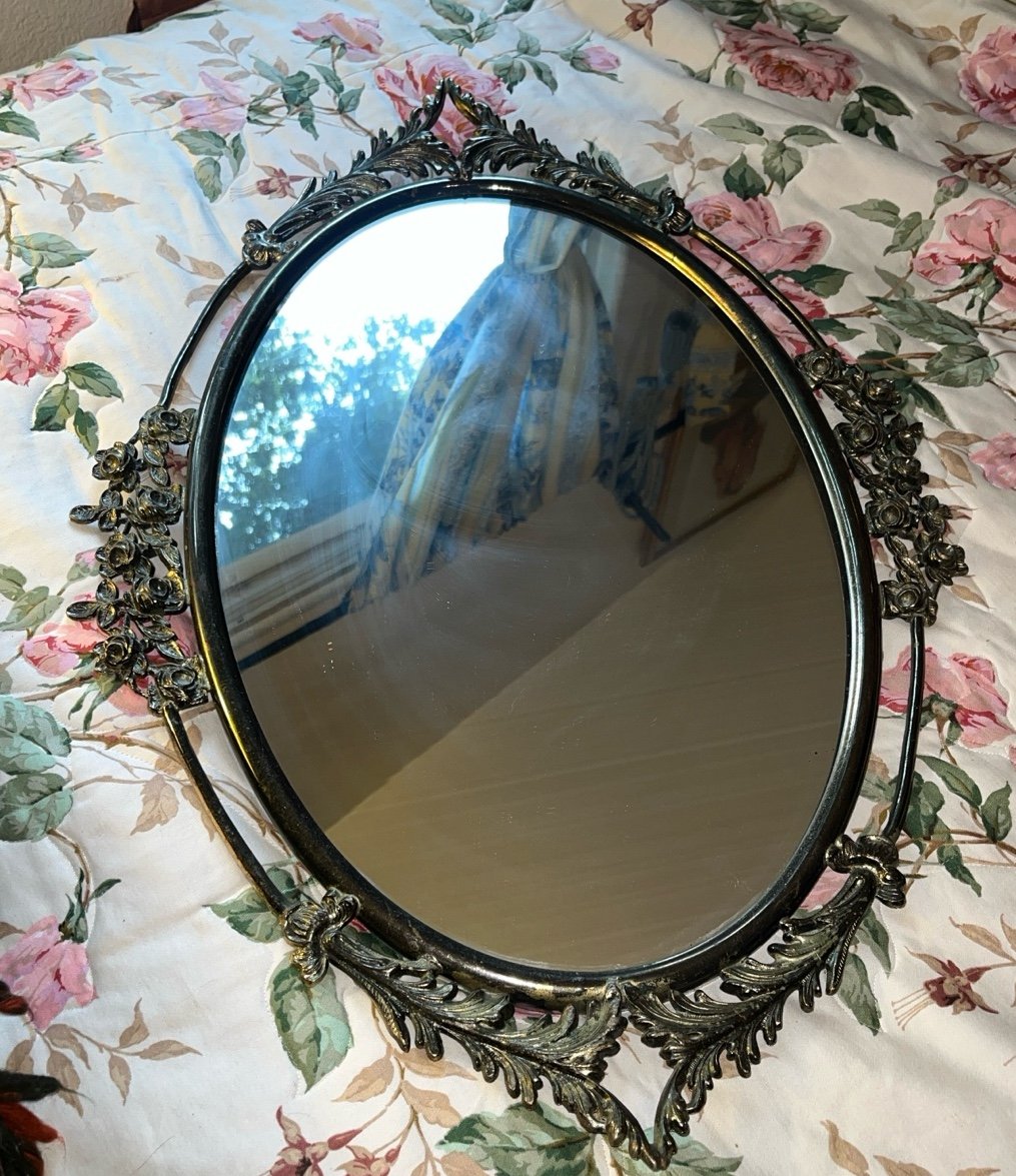 VTG possibly Antique Solid Brass Gold French Floral Roses Miror Luxury 25 in.