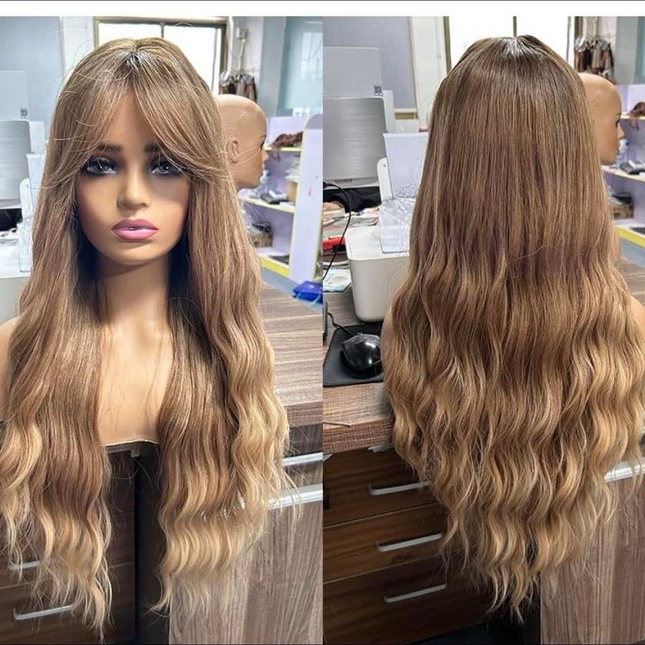 Human hair blend ombre brown blonde wig.