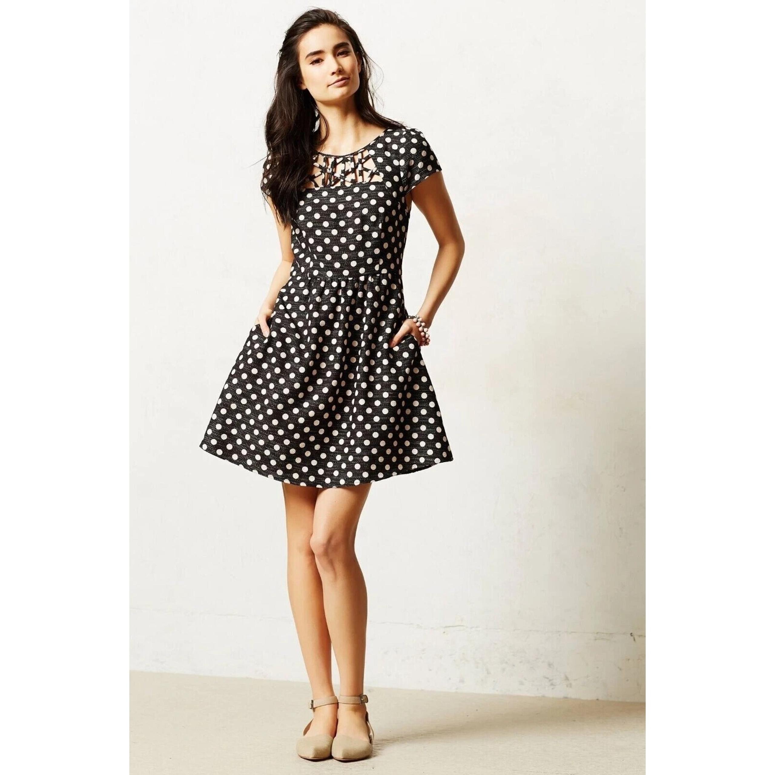 Anthropologie Maeve Nikola Lattice Dress Black Polka Dot Size 0 with Pockets
