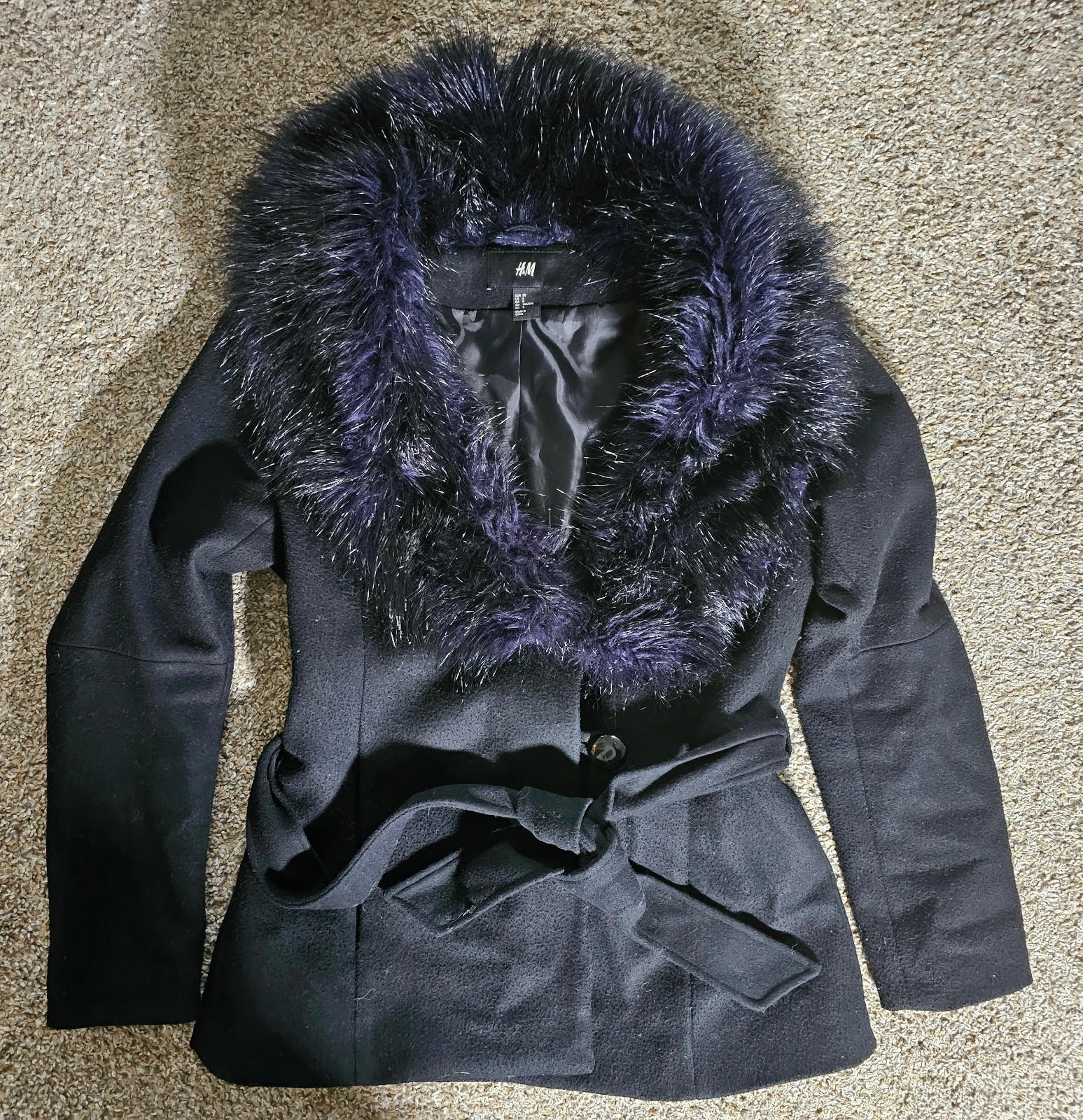 H&M Purple Black faux fur trim wool coat US 8