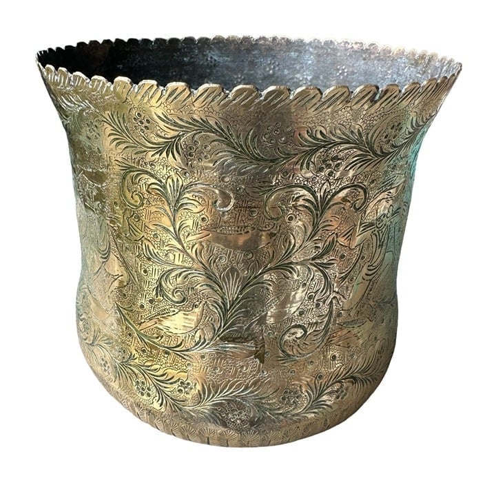Jardiniere Brass Pot Bowl planter Indian Gold Hand Engraved Etched Pattern 6.5