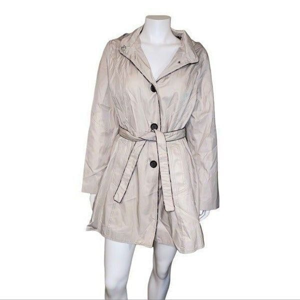Laundry by Shelli Segal Oatmeal Leopard Trim Tie Waist Raincoat Extra Large NWT