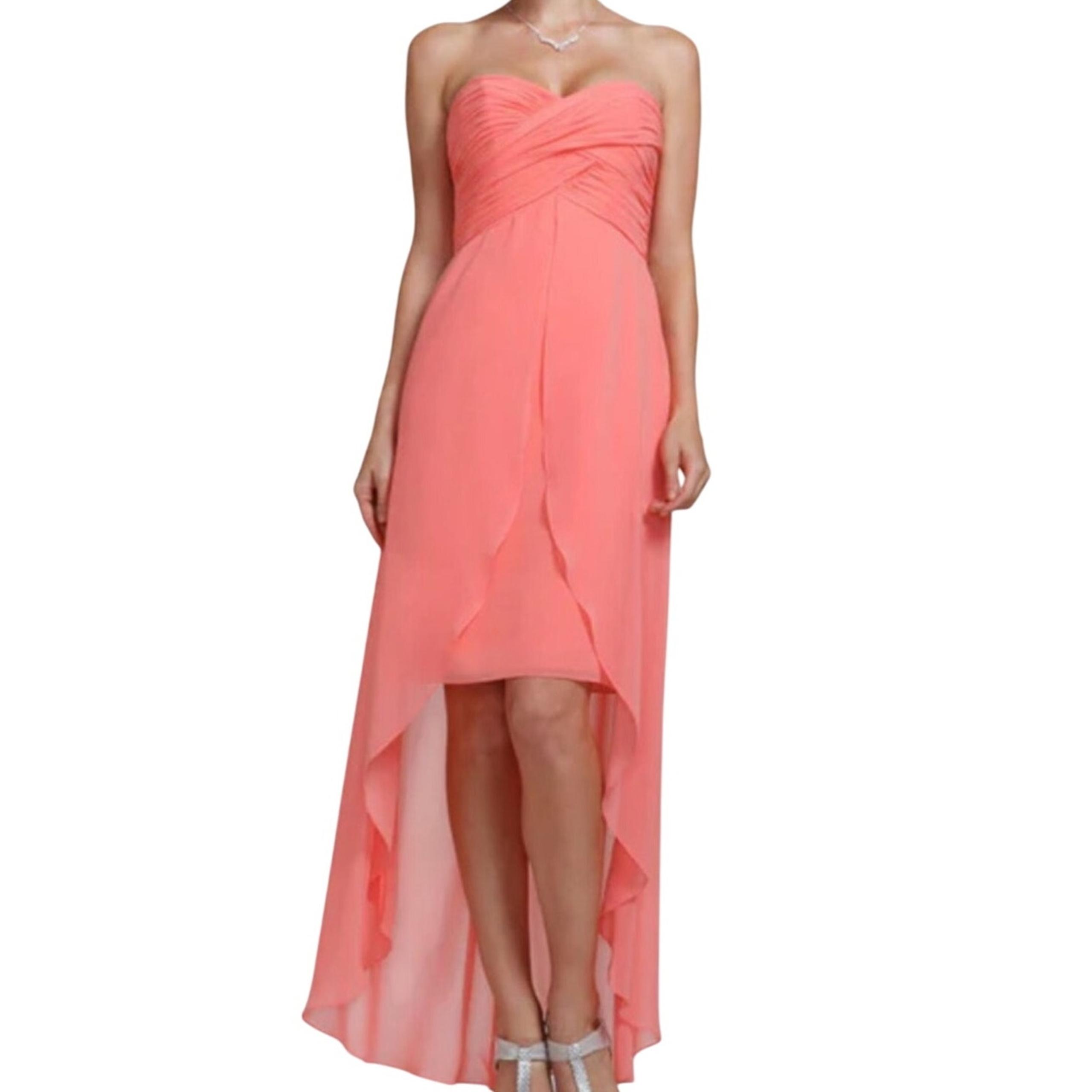 David's Bridal Bridesmaid Dress 18 Plus Strapless Pleated High Low Wedding Coral