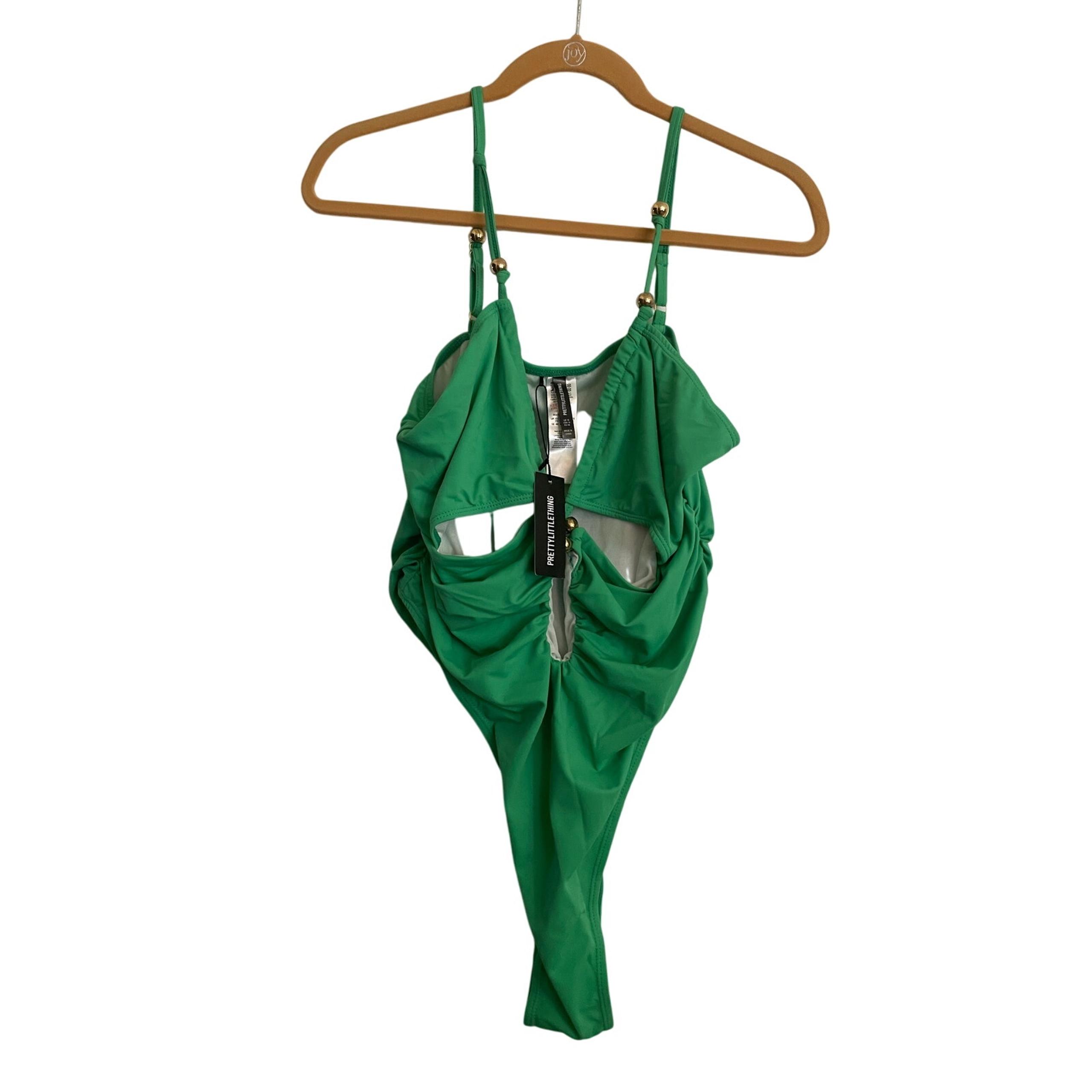 PrettyLittleThing Green OnePiece Bright Green Beaded Ruched Swimsuit Size 14 NWT