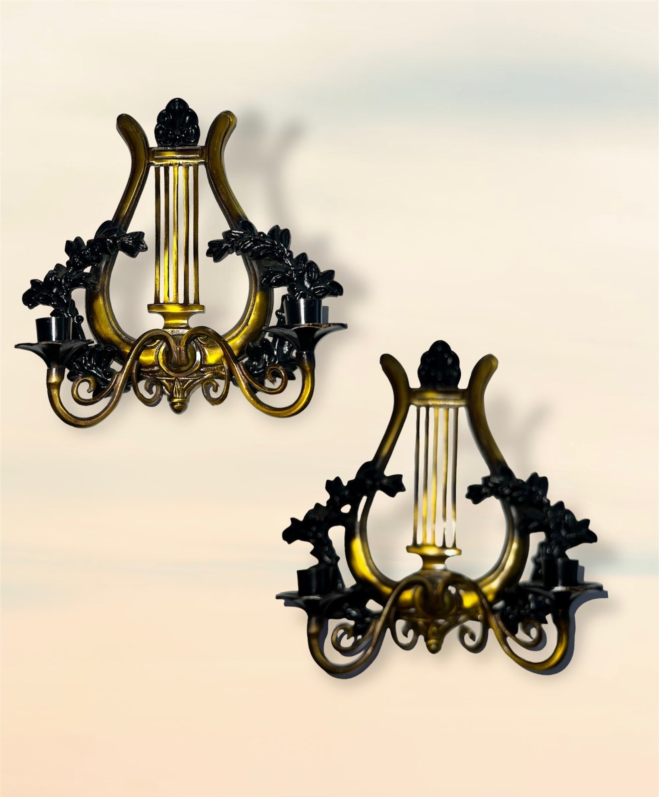 Beautiful set of Greek sconces with a typical Greek harp and the royal laurel cr