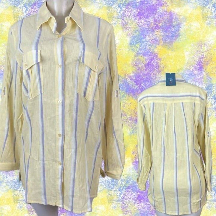 Denim & Co. M Yellow-Purple Striped Button Down Pockets Cotton Long Sleeve Shirt