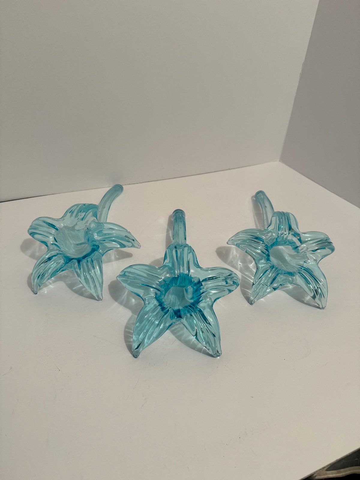 Hand Blown Ice Blue “ Lily” Floral Glass Bud Vase 10” Set Of 3 Vintage