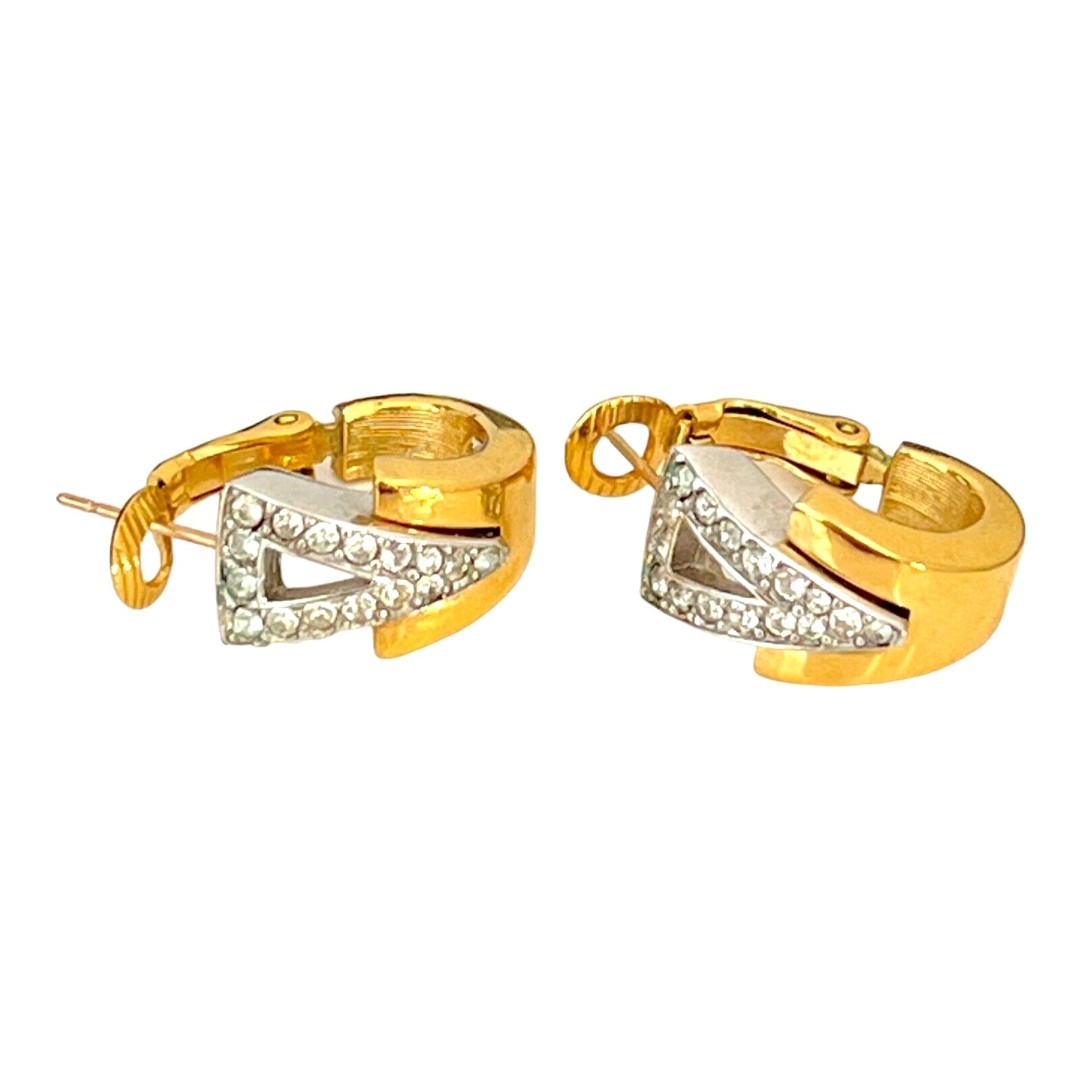 Signed 1978 Givenchy Earrings Gold & Silver Tone Clear Crystal Accent Vintage 1C