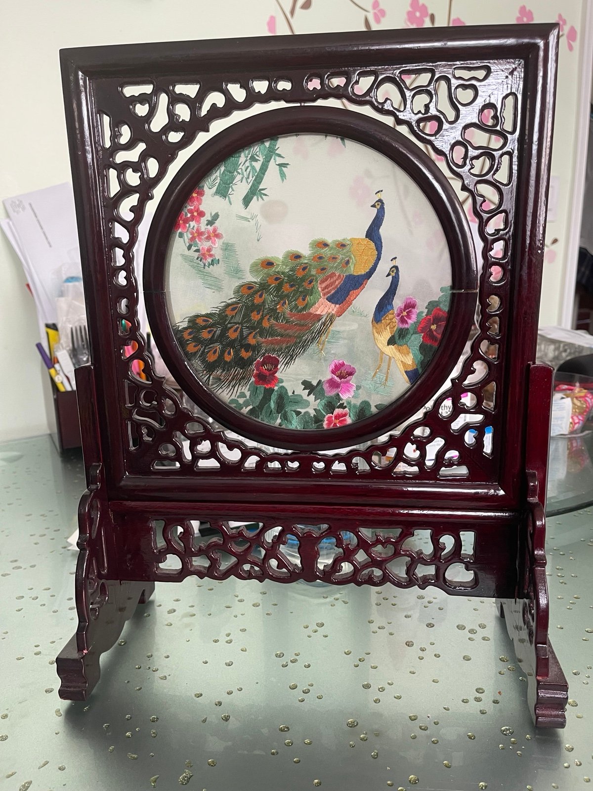 Vintage Hand Silk Embroidery Works with red wood Table screen