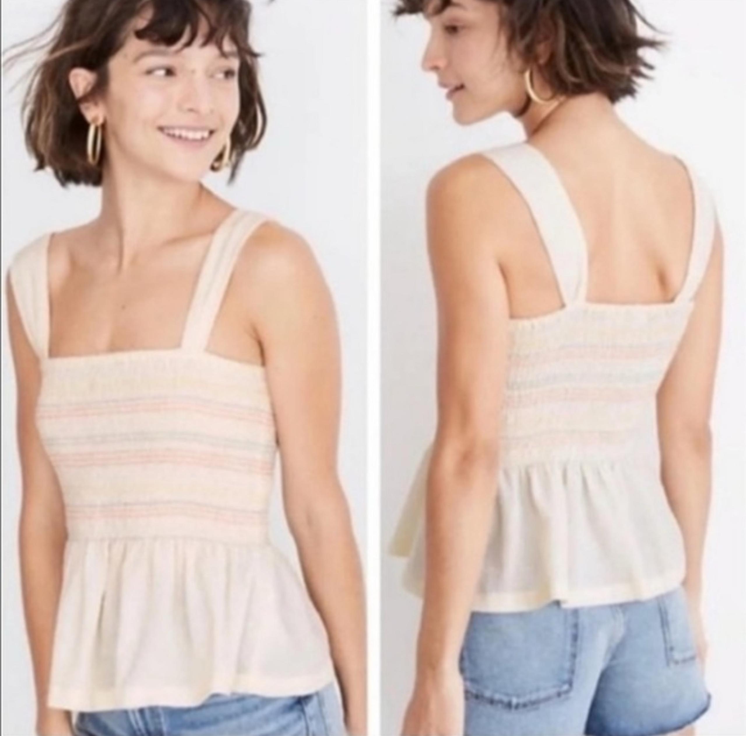 Madewell Rainbow Striped Smocked Peplum Top - Size M