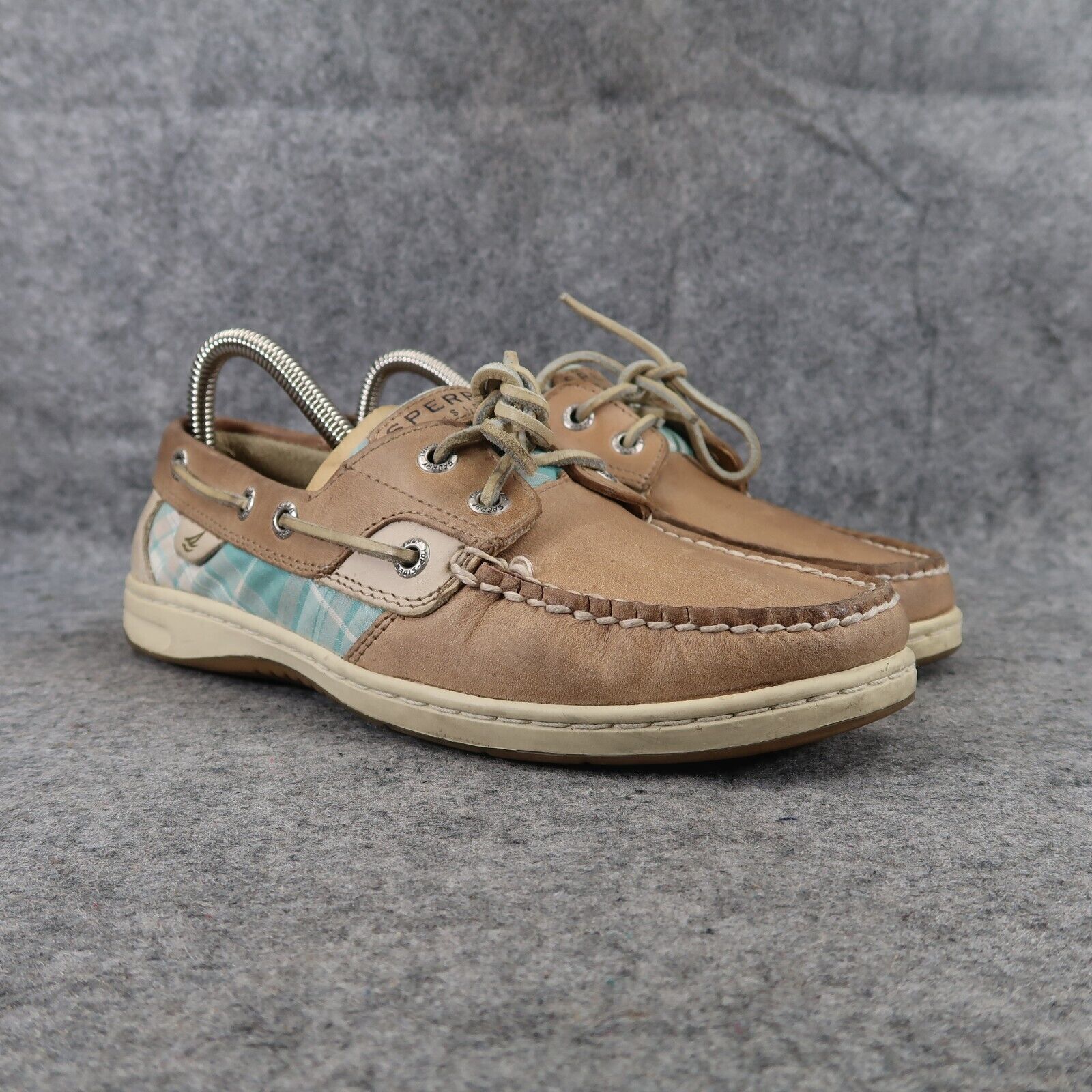 Sperry Shoes Womens 7.5 Topsider Boat Deck Leather Two Eye Plaid Preppy Casual